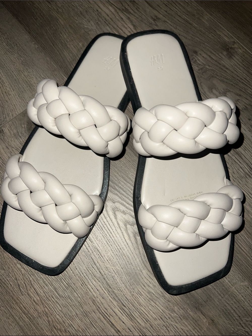 H&M White Braided Double-Strap Slide Sandals with Square Toe